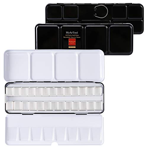 MYARTOOL Empty Watercolor Palette, Metal Empty Watercolor Tin Palette Paint Case with 24 PCS Empty Half Pans for DIY Travel Watercolor Palette, Acrylic and Oil Painting - color: Black, size: 24 PCS Empty Half Pans