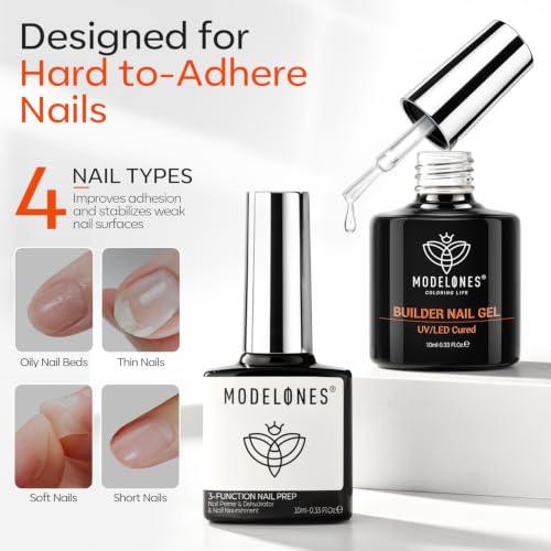 modelones Nail Dehydrator and Primer & Builder Nail Gel Builder Top Coat - color: B-Clear Bulder Nail Prep-2