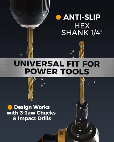 COMOWARE Impact Drill Bit Set - 21 Pcs Hex Titanium HSS Quick Change Impact Driver Bit Set for Wood, Plastic, Aluminum Alloy, Metal, 1/16"-1/2" - color: Gold 21pcs
