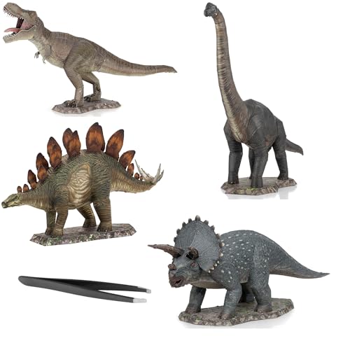 Metal Earth 3D Metal Model Kits Color Dinosaurs Set of 4 - Stegosaurus - Tyrannosaurus Rex - Triceratops - Brachiosaurus with Tweezers