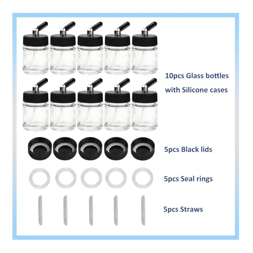 10pk 0.75oz Glass Airbrush Bottles,60°Siphon with Storage Lids & Cap - size: G3PG