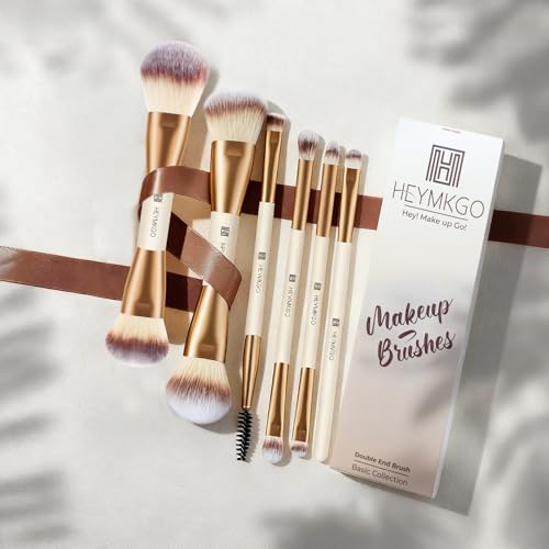 HEYMKGO Makeup Brushes Set, 6Pcs Double-ended Foundation Contour Concealer Powder Eyeshadow Brush for Liquid, Cream, Powder for Blending Buffing Professional Face Brush Set Tools(Apricot)