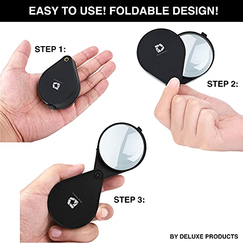 Deluxe Products Folding Pocket Magnifying Glass - Portable Compact Design for Travel, and 2.5" Glass Lens with 4X Magnification for Reading Small Print, and Hobbyists,Black,DP-7016 - style: Folding