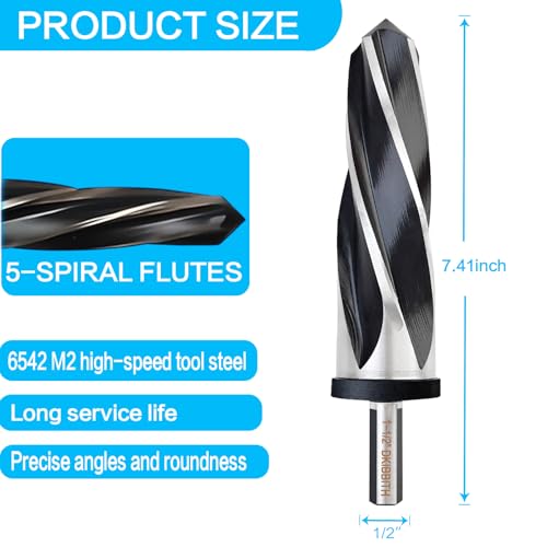 DKIBBITH 1-1/2" Bridge Construction Reamer Drill Bit, M2 HSS Taper Chucking Reamer for Steel Alloy Metal Wood Plastic, 1/2" Non-Slip Shank, 5-Spiral Flutes Car Reamer, to Align or Enlarge Holes, 38mm - size: 1-1/2"