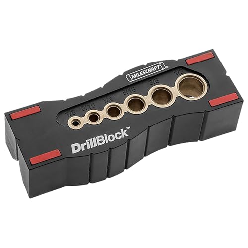 Milescraft 1312 Drill Block - Handheld Drilling Guide, Drilling Jig with Drill Guides for 6 of the Most Common Imperial Drill Bit Sizes, Precision Drilling Tool Accessory