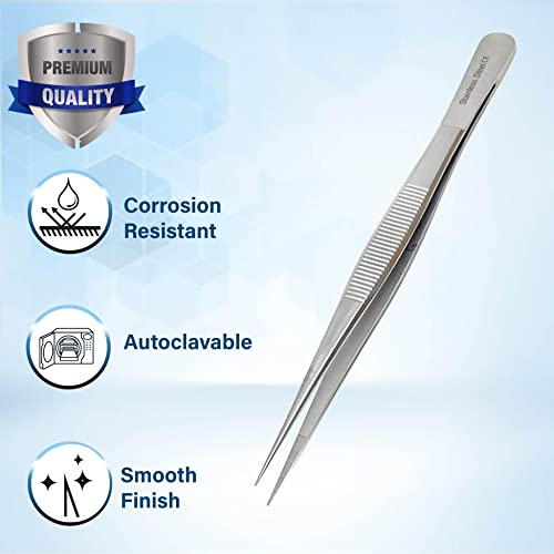 Stainless Steel High Precision Forceps with Fine Strong Straight Serrated Point to use Engineer Labware for Scientific Use 6" (15.2 cm), (6 Inch) - size: 6 Inch