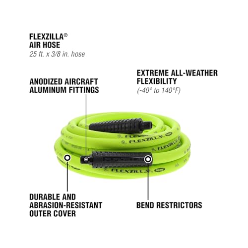 Flexzilla Air Hose, 3/8 in. x 25 ft., 1/4 in. MNPT Fittings, Heavy Duty, Lightweight, Hybrid, ZillaGreen - HFZ3825YW2
