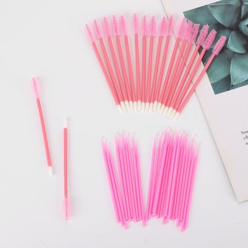 200 Pcs Spoolies Set - 100 Mascara Wands and Lip Brushes Double-headed, 100 Micro Swabs Applicator Disposable Eyelash Brushes Lipstick Tester Makeup Applicator Tool Pink - color: Pink