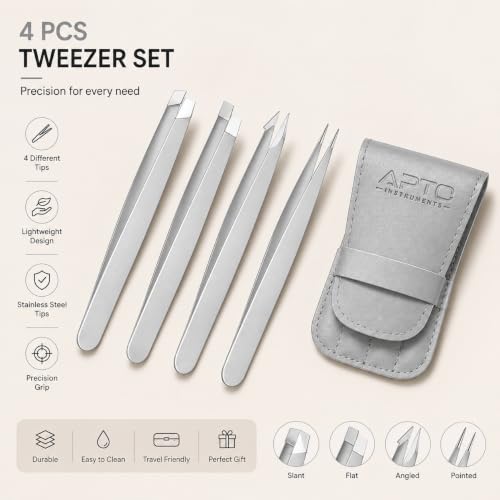 APTO INSTRUMENTS 4 PCS Precision Tweezers Set, Stainless Steel Anti-Static ESD Tweezers, Straight & Curved Tip Non-Magnetic Tweezers for Electronics, Jewellery Making, Craft, Soldering & DIY (Silver) - color: Silver