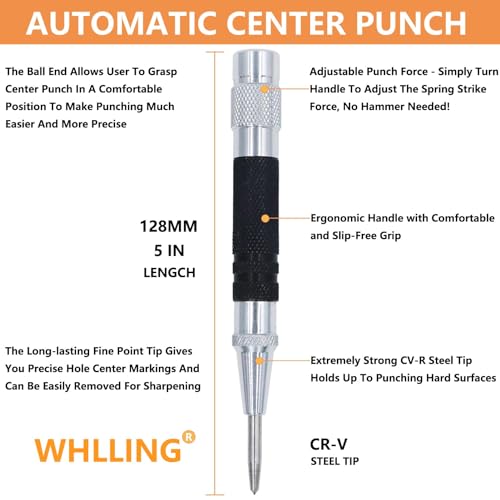 WHLLING 2-Piece Automatic Center Punch, 5 inch Spring Loaded Hole Punch - size: 5 Inch