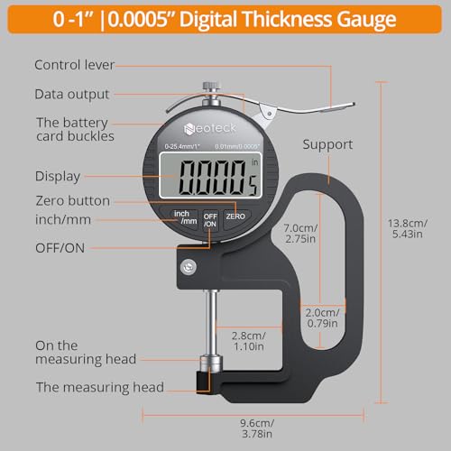Neoteck Digital Thickness Gauge 1inch/25.4mm,0.0005inch/0.01mm Accuracy - color: Silver-black, size: 0-1"/0.0005"
