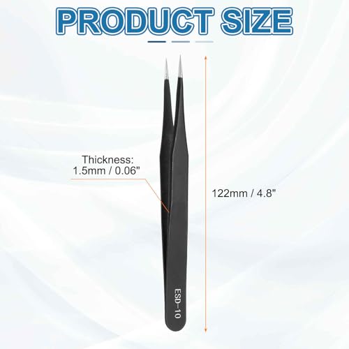 HARFINGTON 4.8" Long ESD-10 Anti-static Straight Pointed Tip Tweezers Round - size: 4.8"（ESD-10)