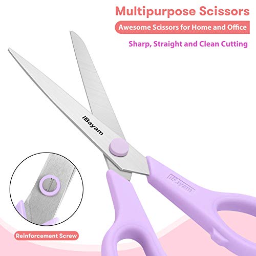 iBayam 8.5" Scissors All Purpose, 2.5mm Sharp Blade, 3 Cute School Office - color: Pastel Pink, Soft Purple, Macaron Blue, size: 3-Pack