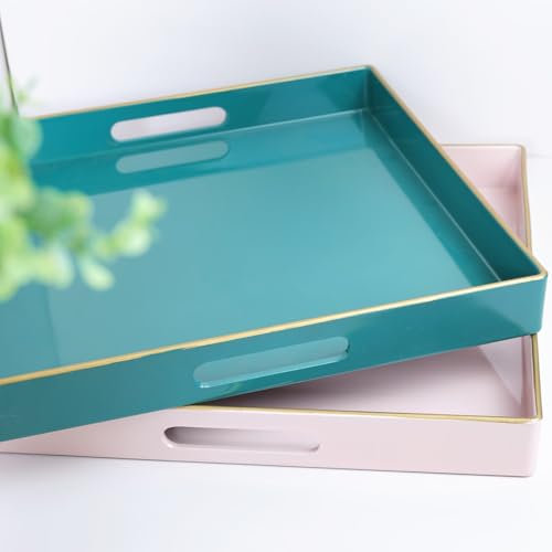 Spsyrine Pink Decorative Serving Tray with Handles, 13" X 13" Square Plastic Coffee Table Tray for Ottoman, Living Room, Bathroom, Home Decor. - color: Dl006r