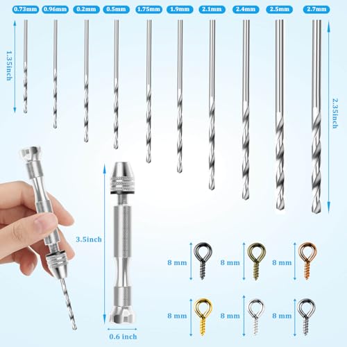 Shynek Pin Vise Hand Drill Set, Manual Hand Drill with 600PCS Small Screw Eye Hooks and 10 Different Sizes Drill Bits for Keychain, Jewelry Making and Crafts - color: 6 Colors