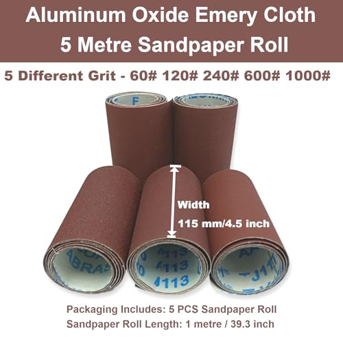 Sandpaper Roll 60# 120# 240# 600# 1000#, 5 PCS Aluminum Oxide Abrasive Emery Cloth Roll for Dry & Wet Grinding Sanding Polishing (Length 1 metre, Width 115 mm) - size: 5 Metre, style: 60/120/240/600/1000 Grit
