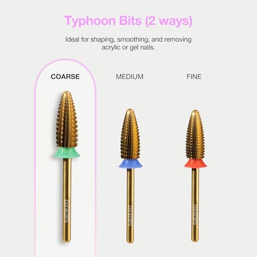 Curacoro Nail Drill Bits 3/32'' Typhoon Bits, 2 Way, Carbide Bit (Coarse) - color: Yellow Titanium - Typhoon Bit, size: Coarse