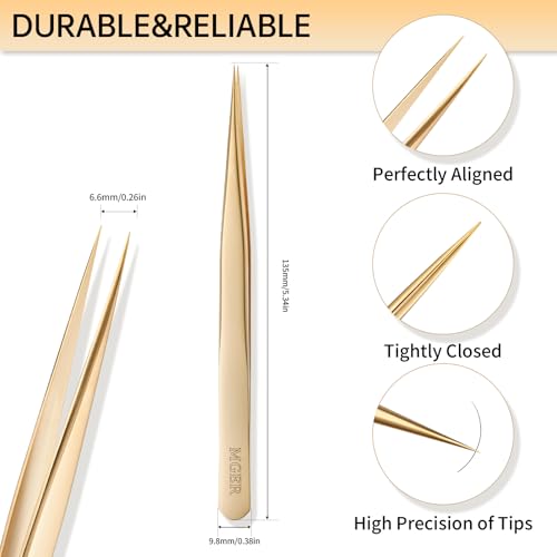 MGER Precision Isolation Eyelash Tweezers - Pointed for Extensions, Gold - size: Straight Tweezers
