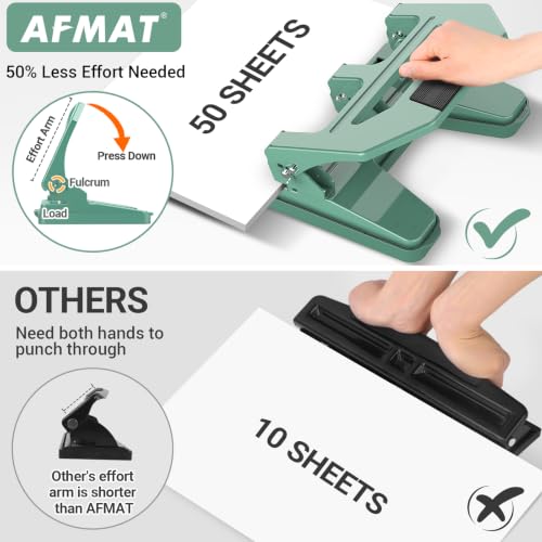 AFMAT HPX4 Heavy Duty 3 Hole Puncher, 50-Sheet Paper Punch Heavy Duty, 50% Reduced Effort Three Hole Punch, 10K+ Uses, Metal Hole Puncher 3 Ring w/Large Tray, Bulit-in S.S. Paper Guide (Green) - color: Green, size: 50-Sheet Capacity