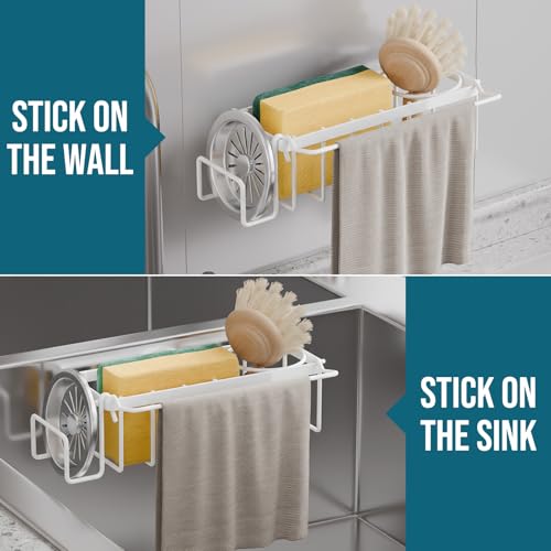 TAILI 4-in-1 Sponge Holder for Kitchen Sink with Strong Suction Cup-White - color: White, size: 7.28" x 2.36"