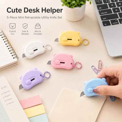 5 PCS Mini Box Cutters Retractable, Cute Letter Opener with Key Rings
