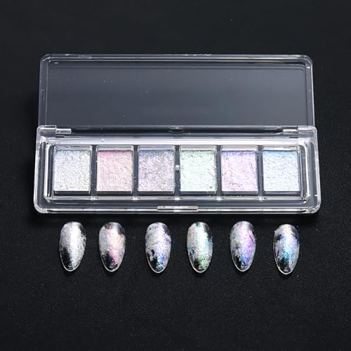 6 Colors Nail Art Chrome Powders Iridescent Nail Glitter Powder Holographic Gel Nail Polish Powder Gel Nail Glitter Dust Shimmer Pigment Palette with Plastic Applicator Sticks