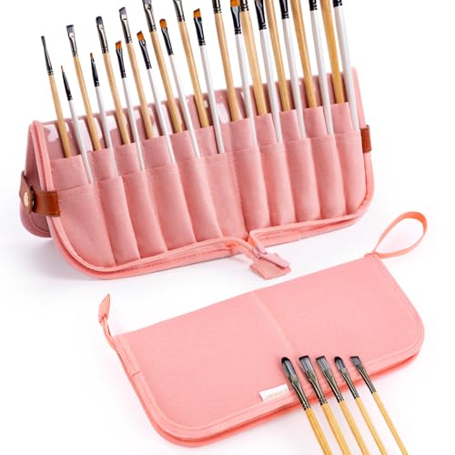 Paint Brush Holder Case for Artists, 22-Slot Paint Brush Case Pop-Up Stand - color: Pink, size: Medium 6*11"