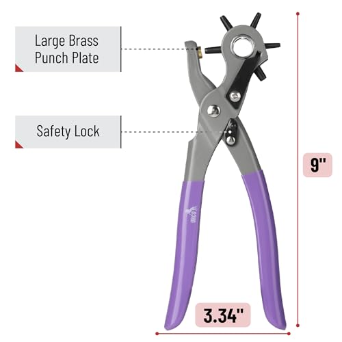 UNCO- Leather Hole Punch Tool, Multi Hole Sizes for Belts and Leather, Belt Hole Puncher, Purple Handle - color: Purple