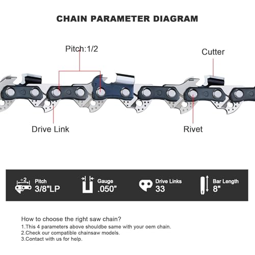 3-Pack 8" Chainsaw Chain, 3/8" LP 33DL .050" Gauge Replacement Chain S33 - size: 8" 33DL 3/8"LP .050" ×3 Pack