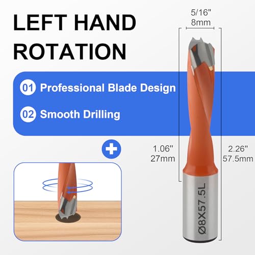 Carbide Tipped Brad Point Boring Bit 8mm Dia x 57.5mm Long - 10mm Shank, Left Hand Rotation for CNC Dowel Drilling - size: 8mm Dia x 57.5mm Long x 10mm Shank L