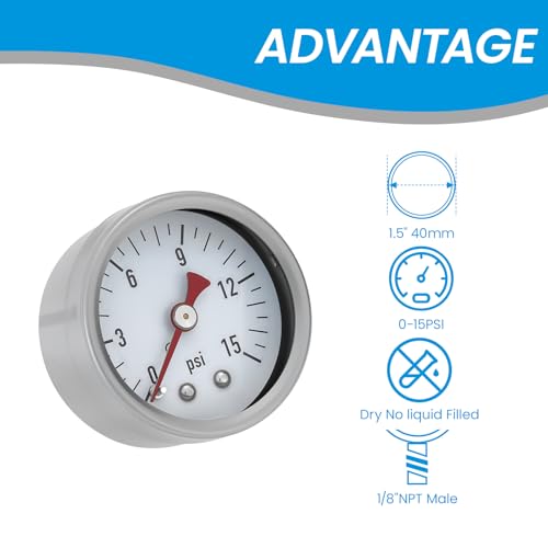 0-15 Psi Low Pessure Gauge 1.5" Dial Size, 1/8" NPT Thread, Stainless Steel Case & Copper Internals - for ATV Tires, Steam Boilers, Air Compressors, HVAC Systems, 2-Pack - size: 1-1/2" SS 1/8" NPT 0-15psi