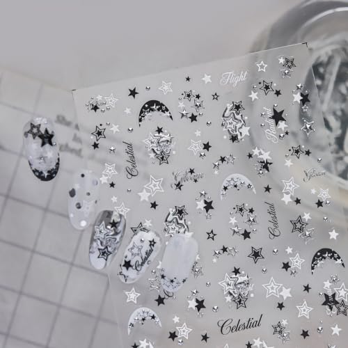 1 Sheet 5D Embossed Holographic Star Nail Stickers Metallic Shiny Star Nail Decals Self-Adhesive Cute Y2K Nail Stickers for Nail Art Black Silver Stars Nail Supplies for Women DIY Nail Decorations - color: Y2k Black Silver Star