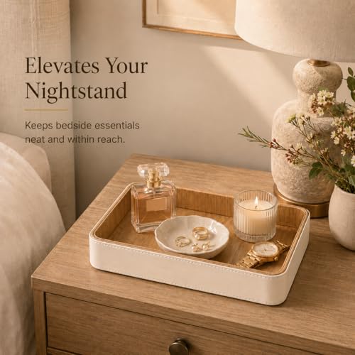 GORESE Rectangle Perfume Tray for Dresser, PU Leather Jewelry Tray for Vanity, Cream White & Wooden - size: 9.8" x 6" x 1.5"