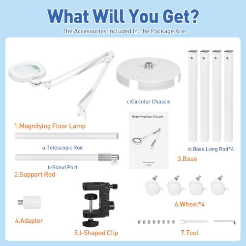 Floor Magnifying Glass with Light, 4 Wheel Stable Stand Base 12X - color: White