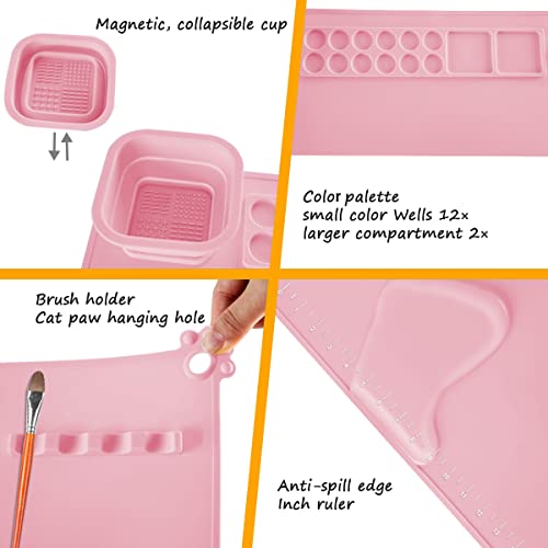 SHNOKER Silicone Craft Mat 21.7"x17.7" Super Large Silicone Painting Mat with 1 Magnetic Cup and Color Palette for Kids and Artist (Pink) - color: Pink