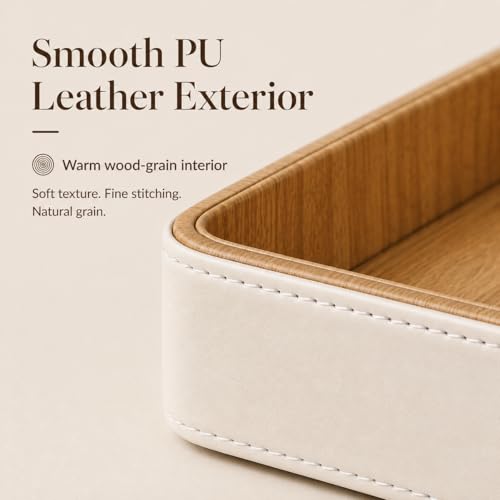 GORESE Rectangle Perfume Tray for Dresser, PU Leather Jewelry Tray for Vanity, Cream White & Wooden - size: 9.8" x 6" x 1.5"