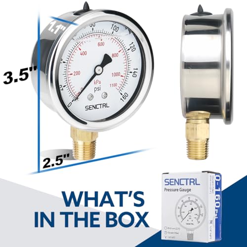 SENCTRL 0-160 Psi Liquid Filled Air Pressure Gauge, 1/4" NPT Lower Mount - size: 0-160 Psi, style: Lower Mount