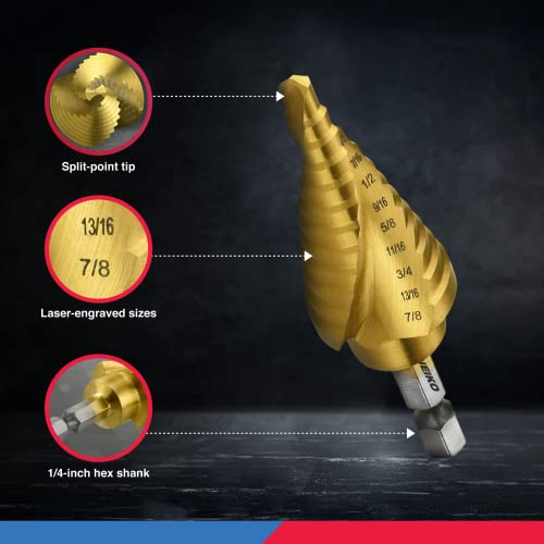 NEIKO 10181A Step Drill Bit Set, 3 Piece, Spiral Grooved for Faster Drilling, Step Bits for Stainless Steel, Metal, Wood, Plastic, Unibit Cone Drill Bits with 31 Step Sizes Total - size: 3pc (1/8 - 7/8", 31S), style: Spiral