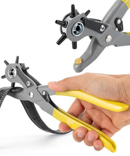UNCO- Leather Hole Punch Tool, Multi Hole Sizes for Belts and Leather, Belt Hole Puncher, Yellow Handle - color: Yellow