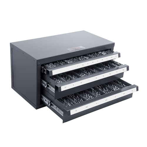 VEVOR Drill Bit Organizer - Three-Drawer Steel Cabinet for 1mm to 13mm, Labels, Stackable - size: (1/25" to 1/2")
