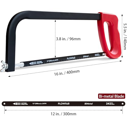 12” High-Tension Hacksaw Frame with 24 TPI Bi-metal Blade, Suitable for Metal, Wood, PVC, Carpentry
