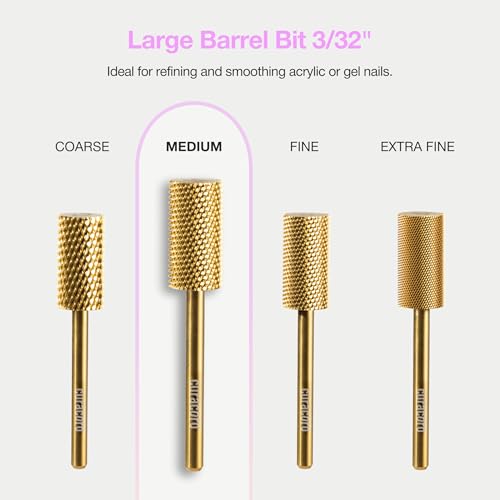 Curacoro Nail Drill Bits 3/32'' Large Barrel Carbide Bit (Medium) - color: Yellow Titanium - Large Barrel Bit, size: Medium