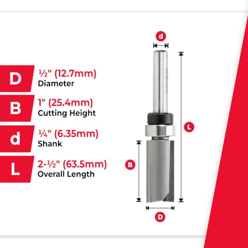 Amana Tool 45460 Flush Trim Router Bit 1/2 D x 1 CH x 1/4 SHK w/ Bearing - size: 1/2 Dia x 1" 4 Shank
