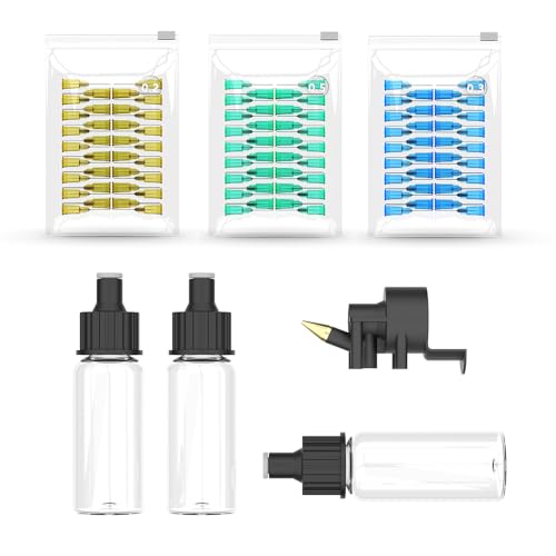 Airbrush Nozzles and Bottles Kit - 150pc Disposable Needles (0.2, 0.3, 0.5mm) with 3 Paint Bottles & 1 Spray Module | Compatible with TK-AB0077/TK-AB0078 No-Clean Airbrush - size: 3235