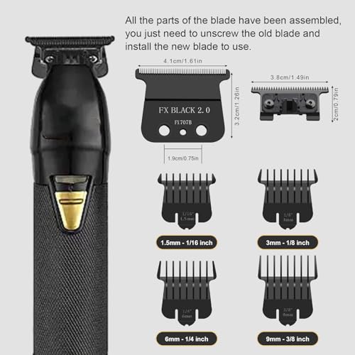 2 Pack 707B Replacement Blade compatible with BaBylissPRO FX787 & FX726 Trimmers,2 Pack DLC Replacement Blades with 4 Guards Set Compatible with BaByliss Trimmer Blades,Black