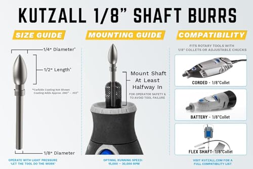 Kutzall 4-Piece Rotary Burr Kit - 1⁄8" Shaft, Very Coarse - Wood Carving Bits for Dremel, Foredom, Ryobi, DeWalt, Milwaukee Tools - Structured Tungsten Carbide - style: Very Coarse
