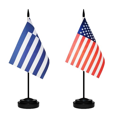 USA American & Greece Greek Desk Flags, US Greece Office Table Flag, Small Mini Miniature Greek and US Desktop Flag With 13" Solid Black Pole, Black Base - color: Greece