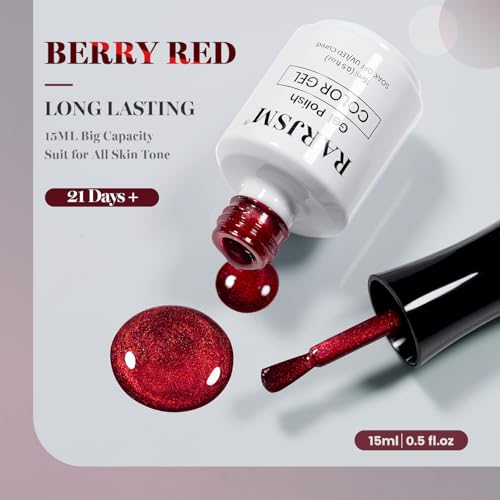 RARJSM Berry Red Glass Glitter Cat Eye Gel Nail Polish with Magnetic Stick - color: Berry Red