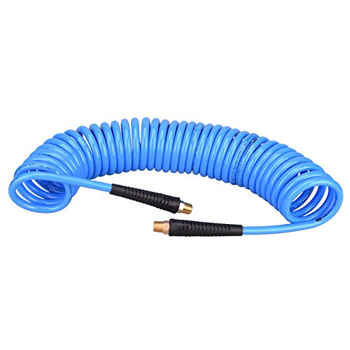 25 Feet Polyurethane Coiled Air Compressor Hose, 1/4 Inch MNPT Brass Swivel Air Fittings with Bend Restrictor