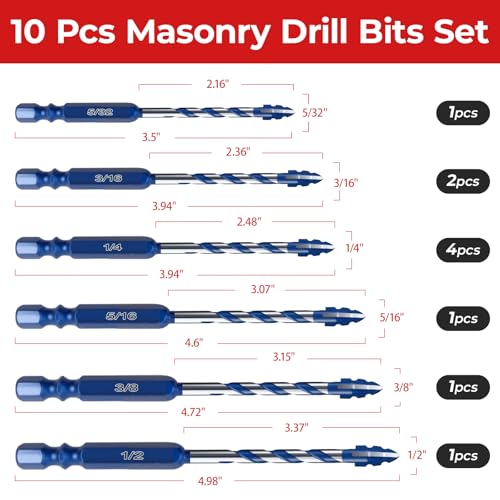 10Pc Cross-Tip Carbide Masonry Drill Bit Set 5/32"-1/2" with Case - size: 5/32"-1/2" Set (Cross)